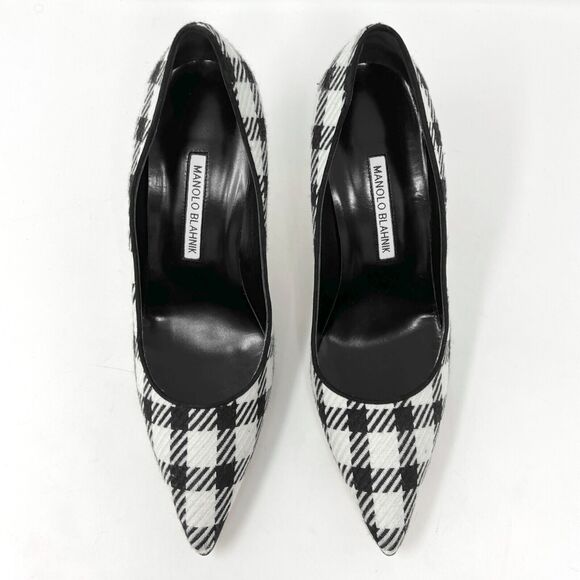 Manolo Blahnik BB Houndstooth Wool Pumps 39.5 Black White Heels - Picture 2 of 9